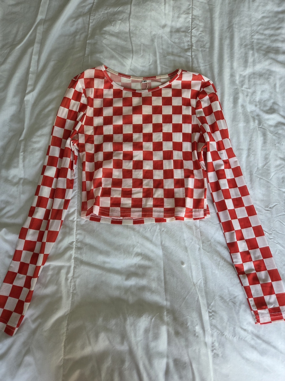 Red & White Checkerboard Long Sleeve Crop Top